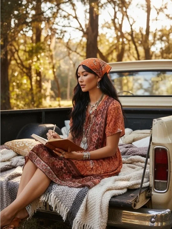 Boho Mini Dress Rust Floral Paisley Cottagecore Western Festival Summer Large - Picture 3 of 11